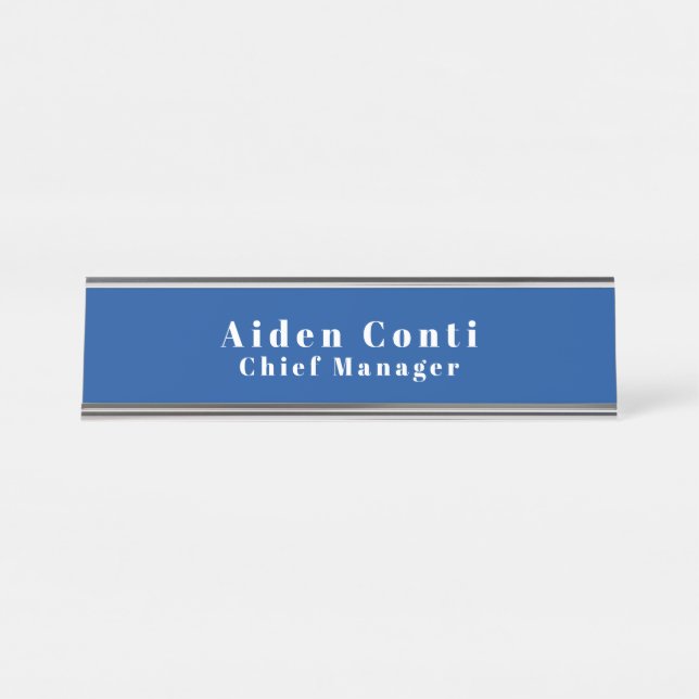 Modern Simple Plain Deep Blue Minimalist Desk Name Plate (Front)