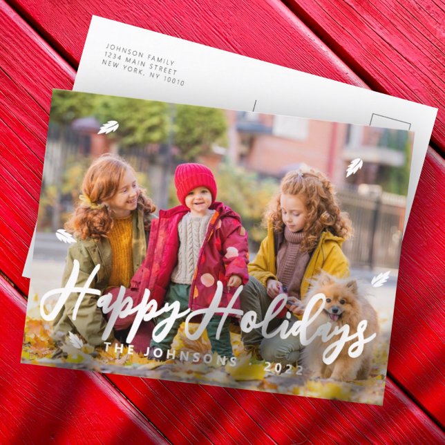 Modern Simple Playful Greetings Leaf Family Photo Holiday Postcard (Creator Uploaded)