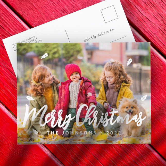 Modern Simple Playful Greetings Leaf Family Photo Holiday Postcard (Creator Uploaded)