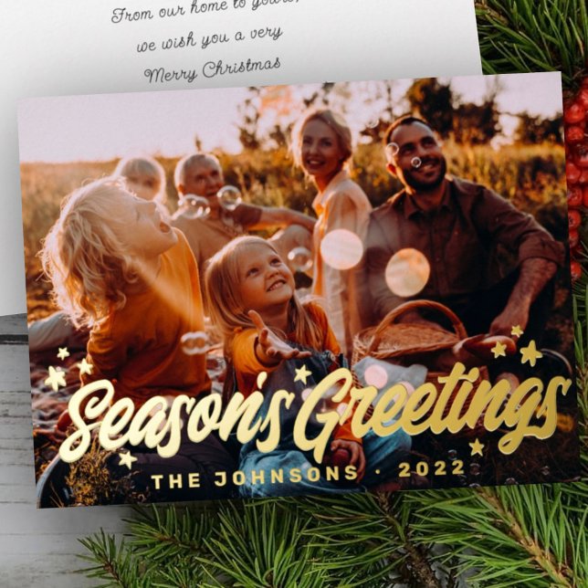 Modern Simple Playful Greetings Stars Family Photo Foil Holiday Card (Creator Uploaded)