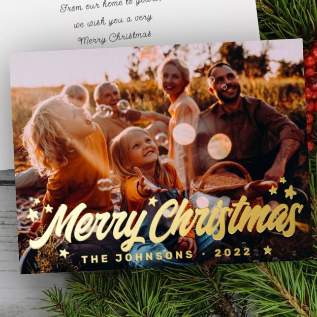 Modern Simple Playful Greetings Stars Family Photo Foil Holiday Card (Creator Uploaded)