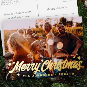 Modern Simple Playful Greetings Stars Family Photo Foil Holiday Postcard