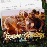 Modern Simple Playful Greetings Stars Family Photo Foil Holiday Postcard<br><div class="desc">Design is composed of a simple playful cursive typography with stars. Add your family's name,  year,  and custom message.

Available here:
http://www.zazzle.com/store/selectpartysupplies</div>