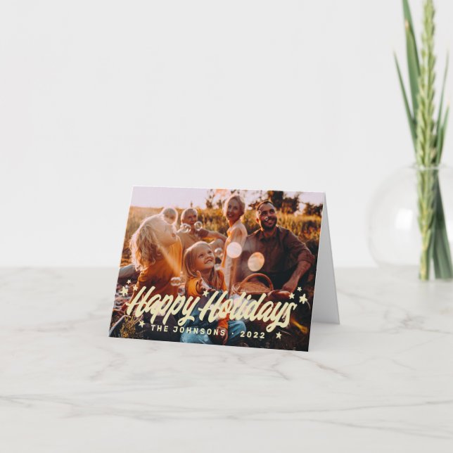 Modern Simple Playful Greetings Stars Family Photo Holiday Card (Front)