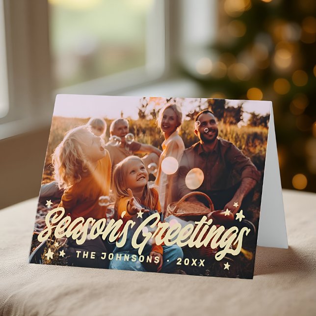 Modern Simple Playful Greetings Stars Family Photo Holiday Card (Creator Uploaded)