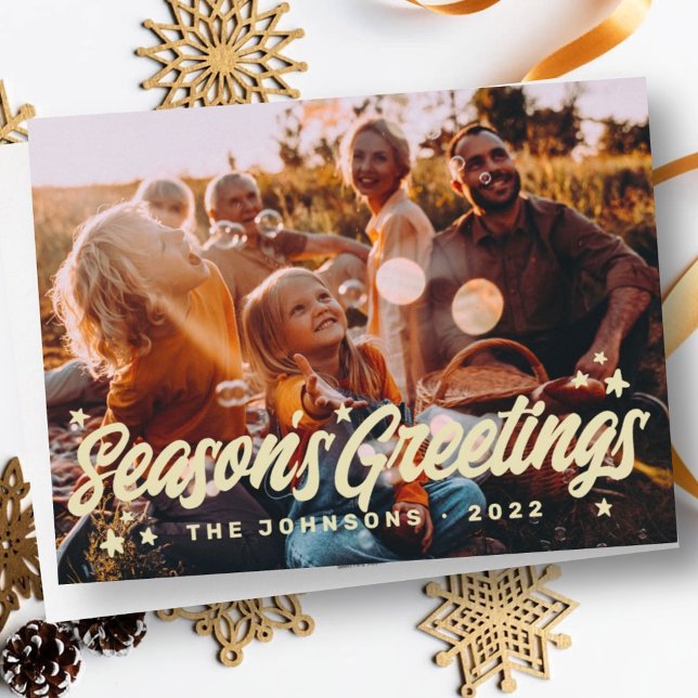 Modern Simple Playful Greetings Stars Family Photo Holiday Card (Creator Uploaded)