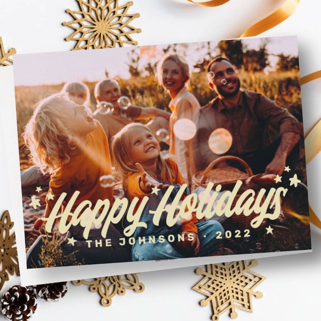 Modern Simple Playful Greetings Stars Family Photo Holiday Card (Creator Uploaded)
