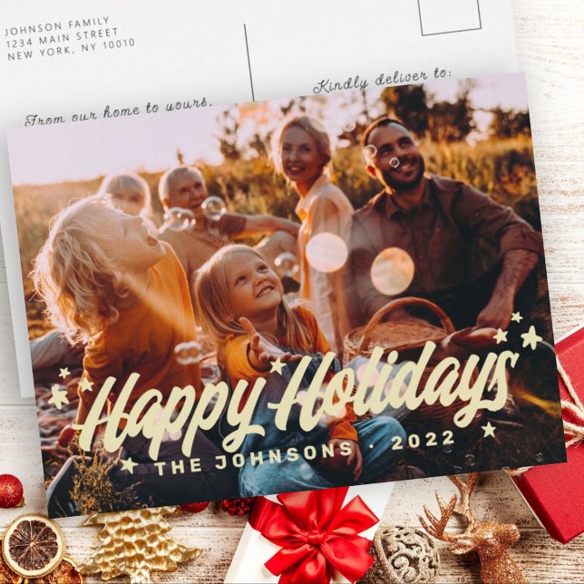 Modern Simple Playful Greetings Stars Family Photo Holiday Postcard (Creator Uploaded)