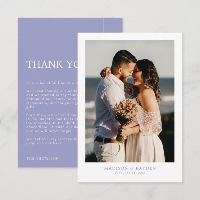 Modern Simple Purple Lavender with Photo Wedding  Thank You Card (Front/Back)
