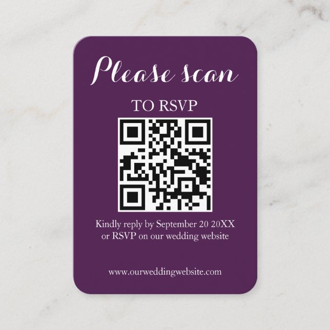 Modern Simple Purple QR Code & RSVP Wedding Enclosure Card (Front)