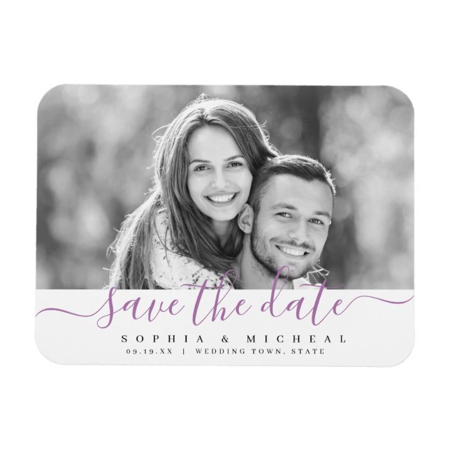 Modern simple purple script photo save the date magnet (Horizontal)