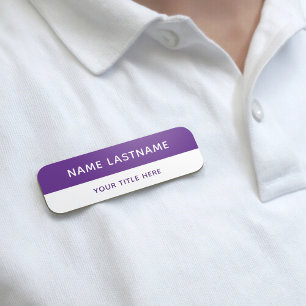 Modern Simple Purple White Title Pin Magnetic Name Tag