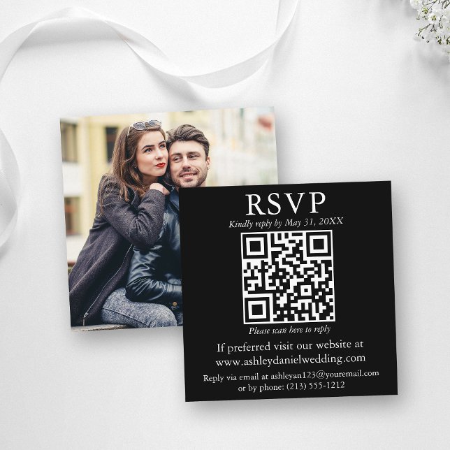 Modern Simple QR Photo Wedding Black RSVP Enclosure Card (Customize to change text size or text style.)