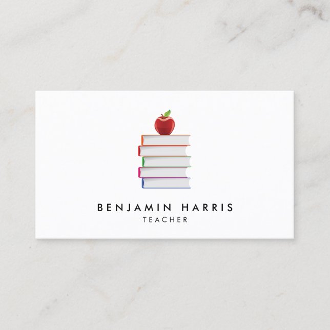 Modern Simple Red Apple And Books Teacher Business Card (Front)