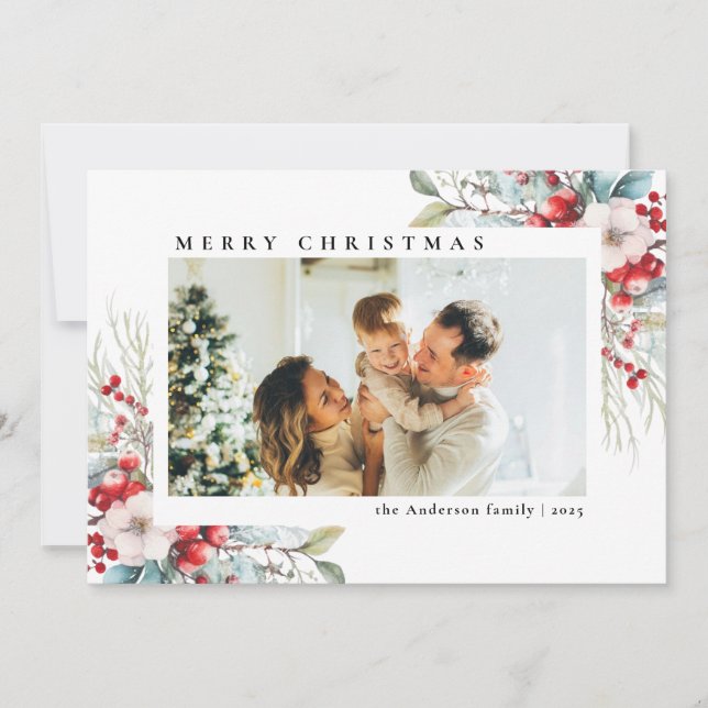 Modern Simple Red Berries | Photo Christmas Holiday Card (Front)