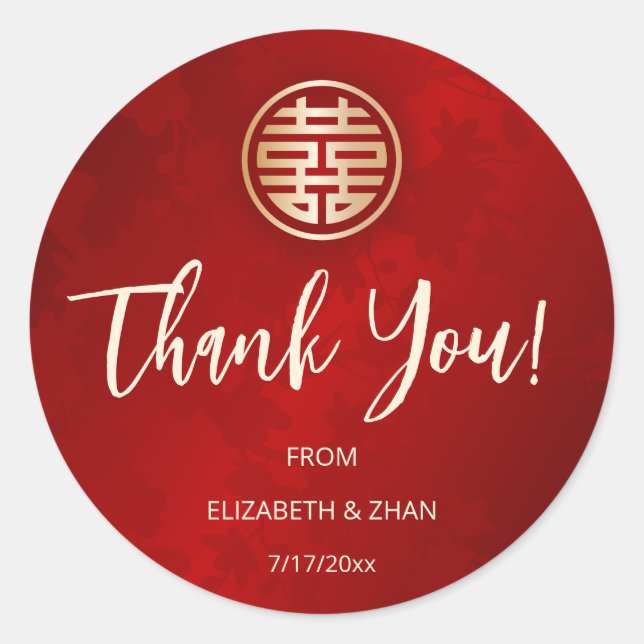 Modern Simple Red Chinese Wedding Thank You Classic Round Sticker (Front)