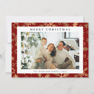 Modern Simple Red Gold Family Photo Christmas Holiday Card
