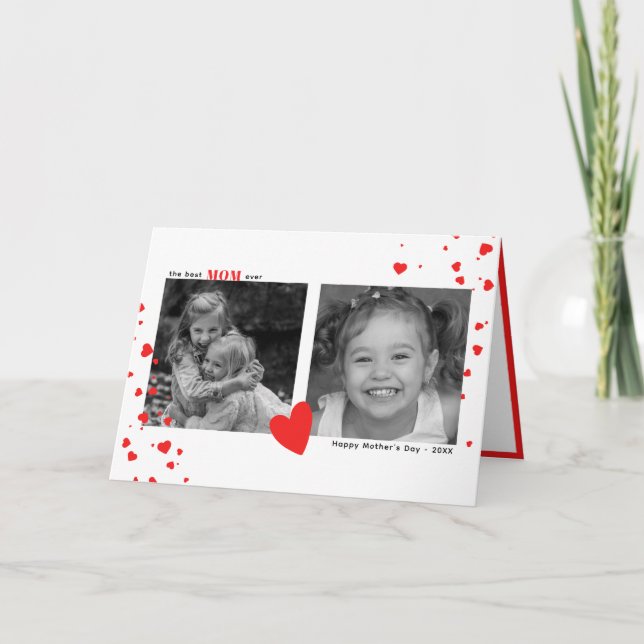 Modern Simple Red Hearts Mother's Day Custom Photo Card (Front)