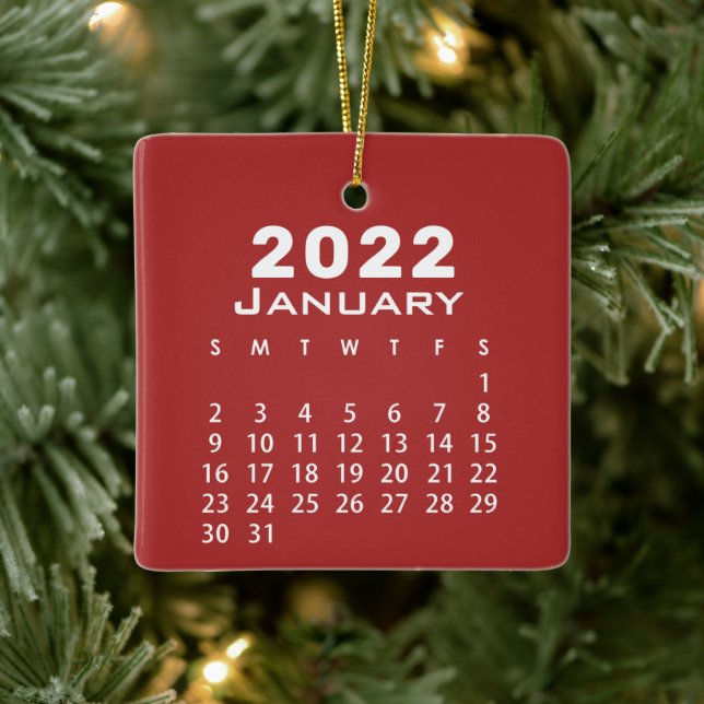 Modern Simple Red January 2022 Month Calendar Ceramic Ornament (Tree)
