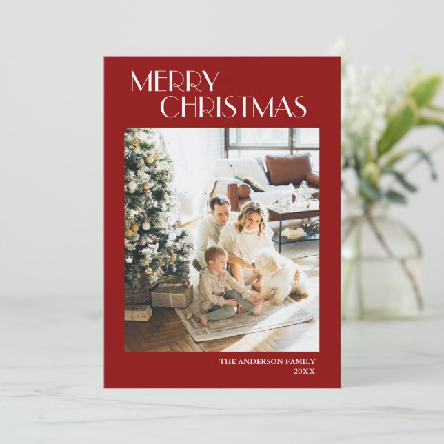 Modern Simple Red Merry Christmas Photo Holiday Card (Standing Front)