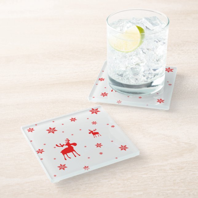 Modern Simple Red Moose Snowflakes Glass Coaster (Angled)