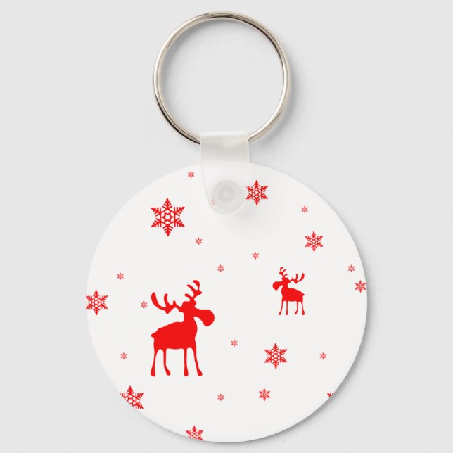 Modern Simple Red Moose Snowflakes Key Ring (Front)