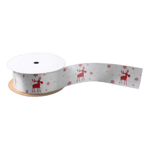 Modern Simple Red Moose Snowflakes Satin Ribbon