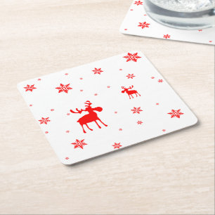 Modern Simple Red Moose Snowflakes Square Paper Coaster