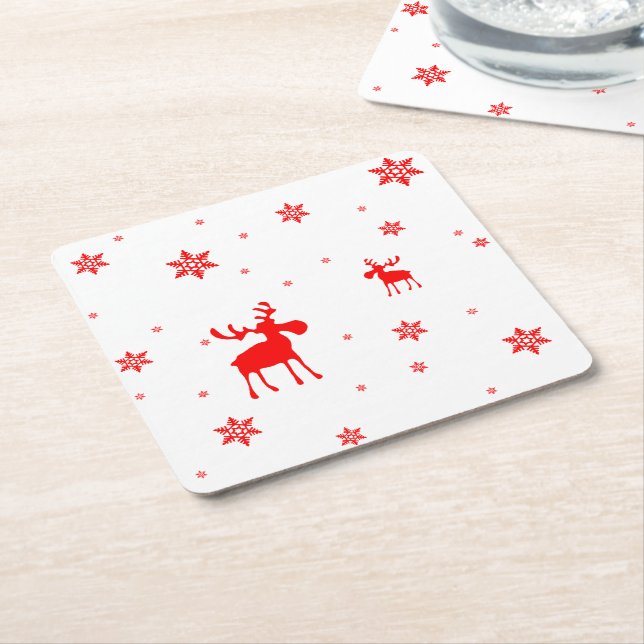 Modern Simple Red Moose Snowflakes Square Paper Coaster (Angled)