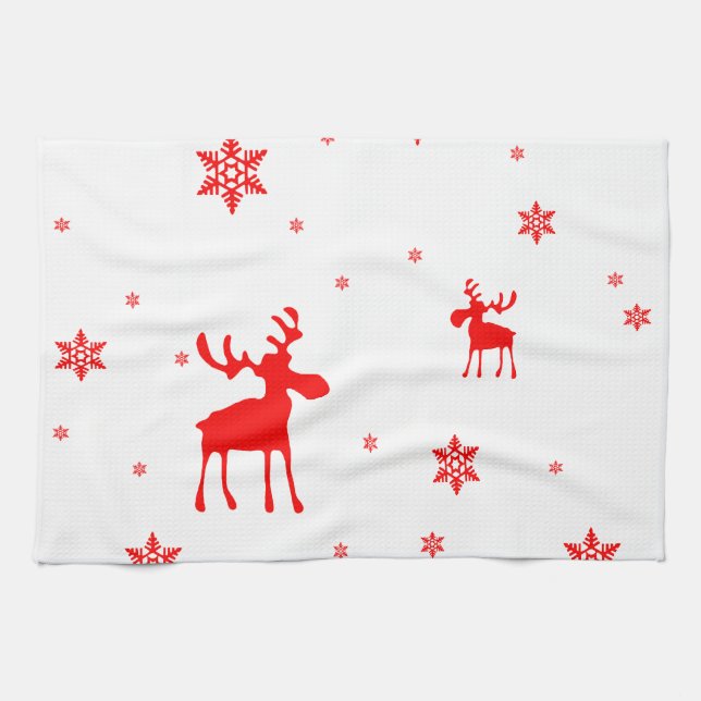 Modern Simple Red Moose Snowflakes Tea Towel (Horizontal)