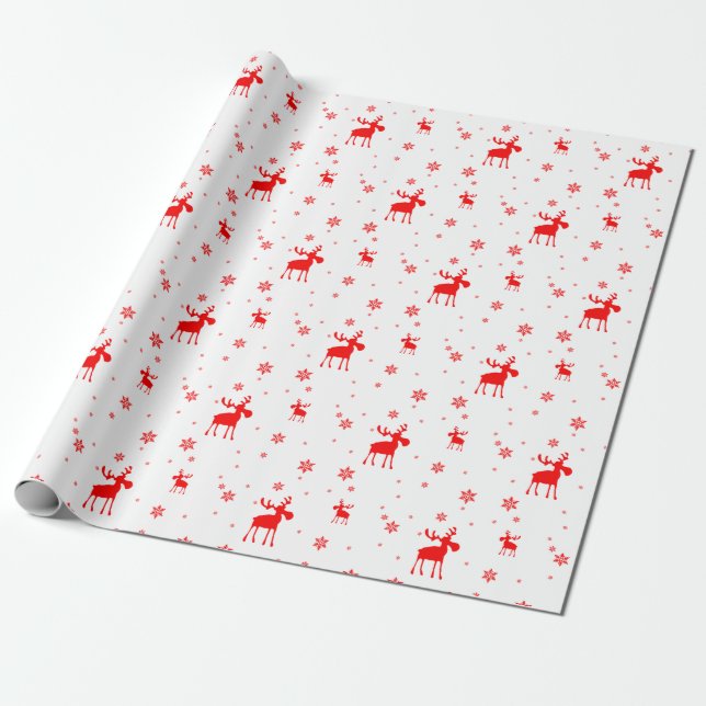 Modern Simple Red Moose Snowflakes Wrapping Paper (Unrolled)