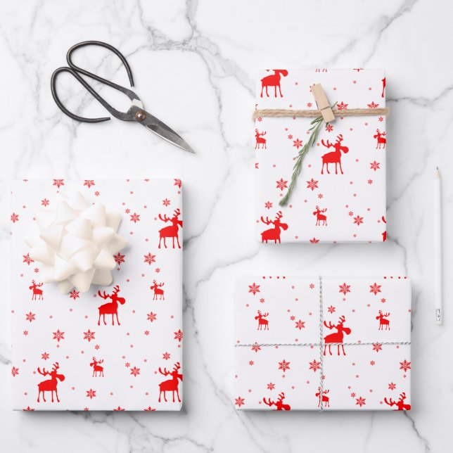 Modern Simple Red Moose Snowflakes Wrapping Paper Sheet (Front)