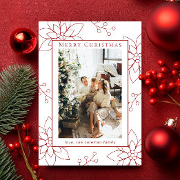 Modern Simple Red Poinsettia One Photo Holiday Card