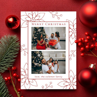 Modern Simple Red Poinsettia Two Photo Holiday Card