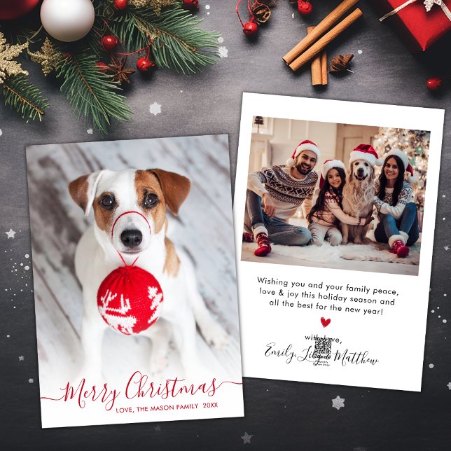 Modern Simple Red Script 2 Photo Christmas Holiday Card (Creator Uploaded)