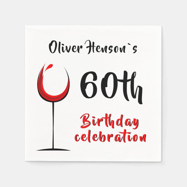 Modern Simple Red Wine Glass 60th Birthday Party Napkin (Front)