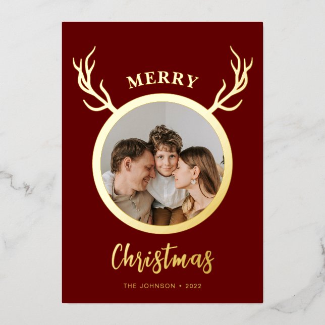Modern Simple Reindeer Horn Photo Red Foil Holiday Card (Front)