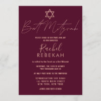 Modern Simple Rose Gold Burgundy Red Bat Mitzvah