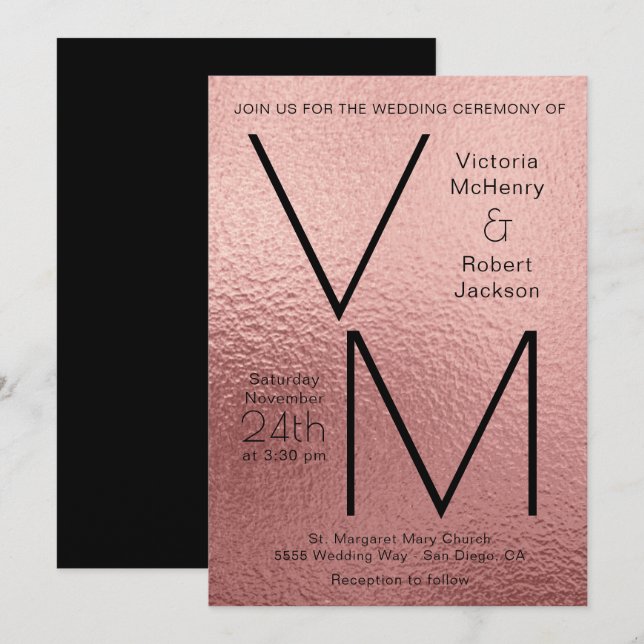 Modern Simple Rose Gold Faux Foil Initials Wedding Invitation (Front/Back)