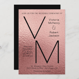 Modern Simple Rose Gold Faux Foil Initials Wedding Invitation