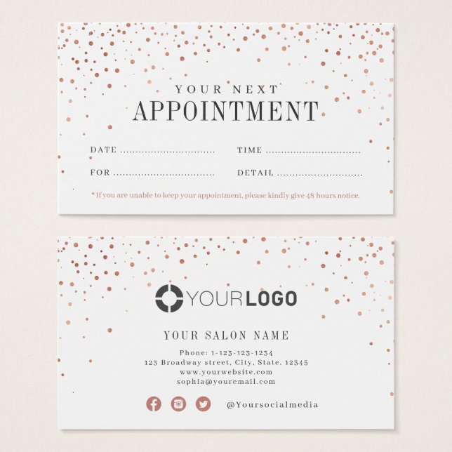 Modern simple rose gold glitter appointment card (Front & Back)