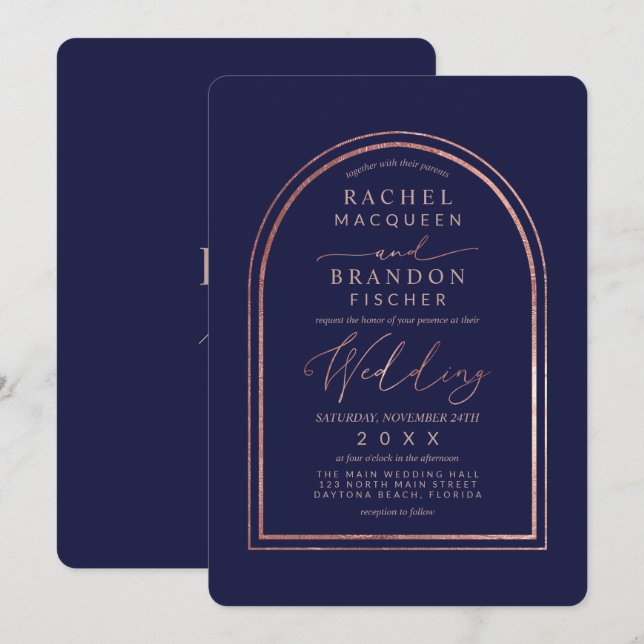 Modern Simple Rose Gold Navy Blue Arch Wedding Invitation (Front/Back)
