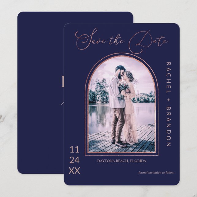 Modern Simple Rose Gold Navy Blue Arch Wedding Save The Date (Front/Back)
