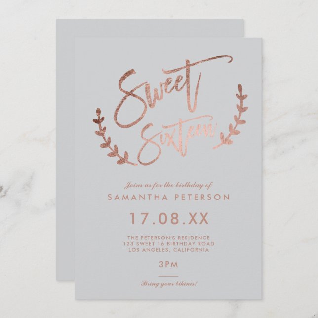 modern simple rose gold sweet 16 typography invitation (Front/Back)