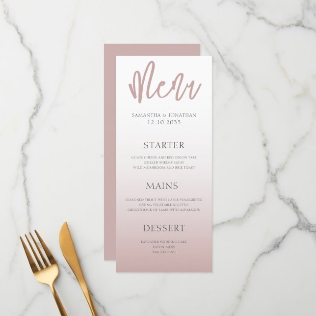 Modern Simple  Rose Gold  Wedding Dinner Menu (Front/Back In Situ)