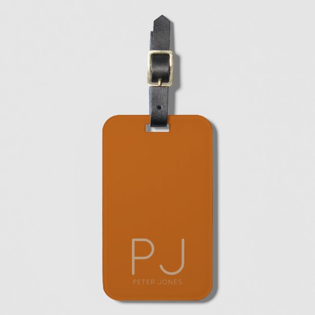 Modern Simple Rust Personalised Monogram Luggage Tag (Front Vertical)
