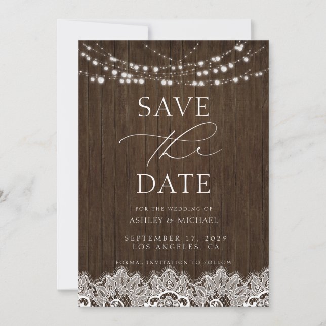 Modern Simple Rustic Twinkle Lights Wedding Save The Date (Front)