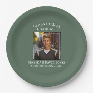Modern Simple Sage Green Photo Graduation Paper Plate