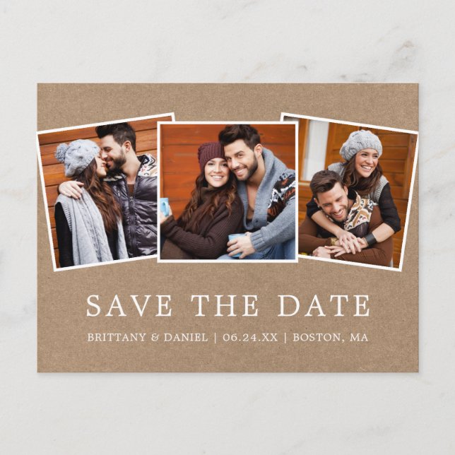 Modern Simple Save Our Date 3 Photo Kraft Postcard (Front)