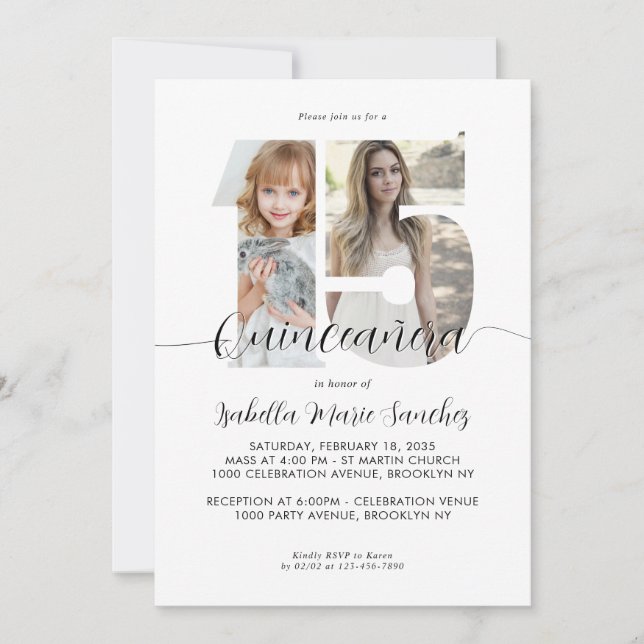 Modern Simple Script 15 Quinceanera Photo Birthday Invitation (Front)